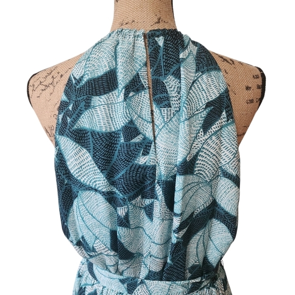 NWT Parker 100% Silk Teal Leaf Print Halter Midi Dress - Large - Picture 8 of 10